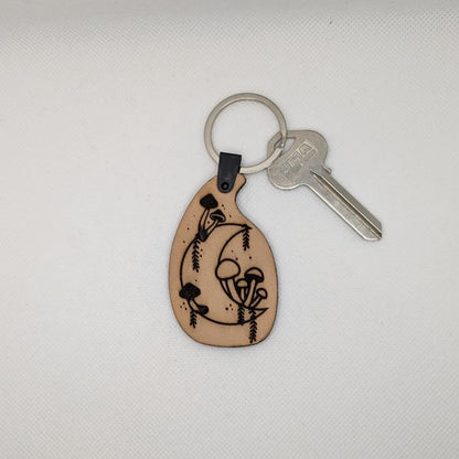 Mushrooms & Moon Leather Keychain