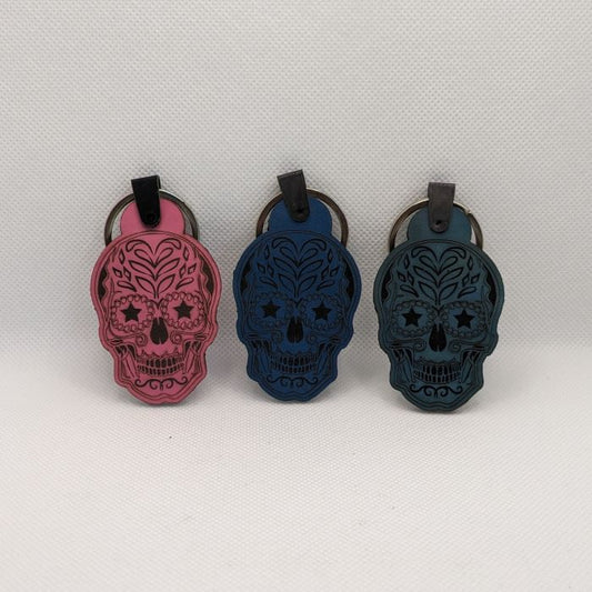 Sugar Skull Leather Keychain